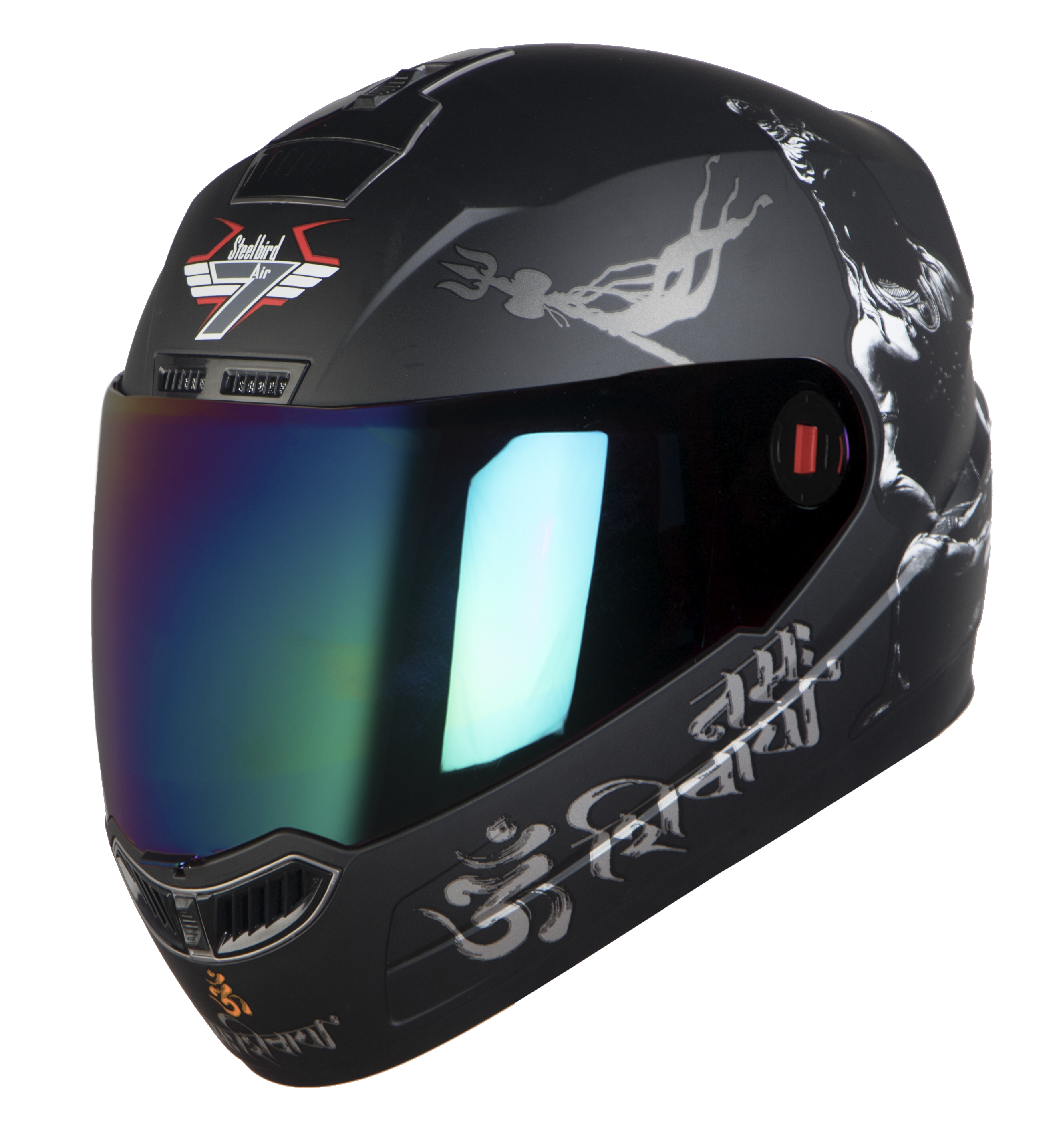 Steelbird SBA-1 Mahadev Full Face ISI Certified Graphic Helmet (Matt Black White With Chrome Rainbow Visor)